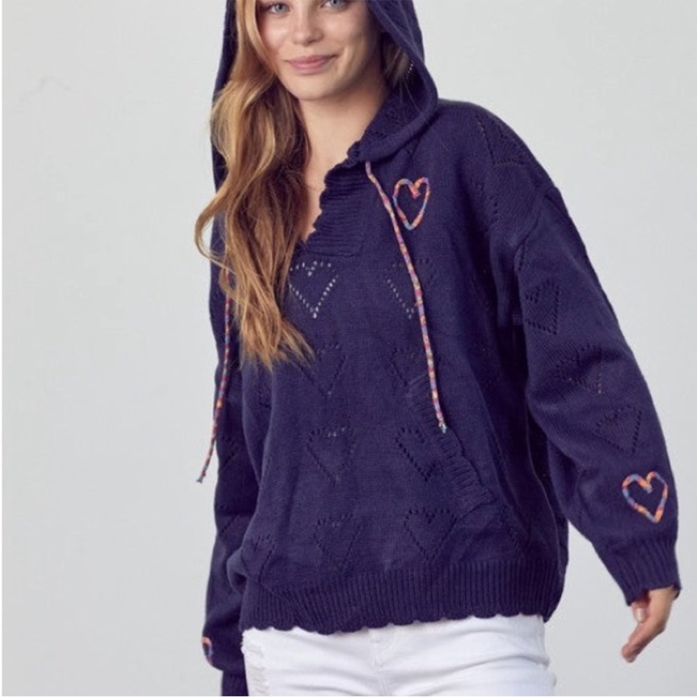 &Merci Navy Heart Knit V-Neck Hoodie Sweater Size M - Picture 7 of 8